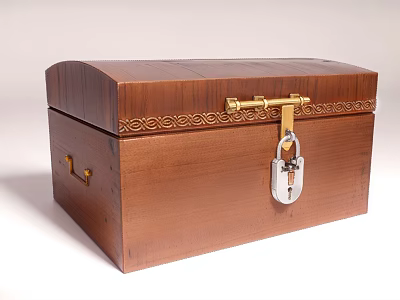 Classic Brown Wooden Box With Golden Ornamental Trim And Silver Lock Clasp 3d model