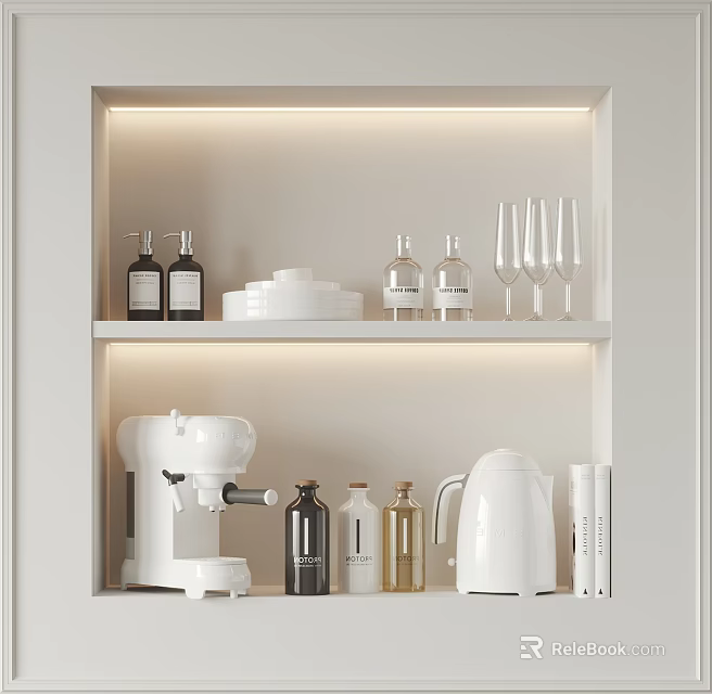 White Kitchen Cabinet With Shelves Featuring Coffee Maker Kettle Bottles Dishes And Wine Glasses 3d model 