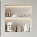 White Kitchen Cabinet With Shelves Featuring Coffee Maker Kettle Bottles Dishes And Wine Glasses