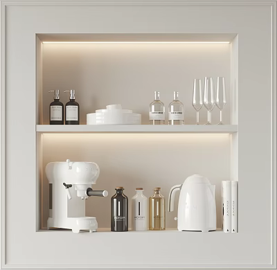 White Kitchen Cabinet With Shelves Featuring Coffee Maker Kettle Bottles Dishes And Wine Glasses 3d model