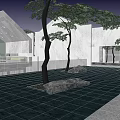 Modern Garden Landscape Design With Glass Wall Trees Water Features Paved Area And Lawn