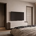 Modern Bedroom Interior With Wooden Walls Abstract Art And Beige Bedding