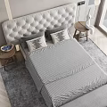 Double Bed With Tufted Headboard Gray Bedding Decorative Pillows And Bench At Foot