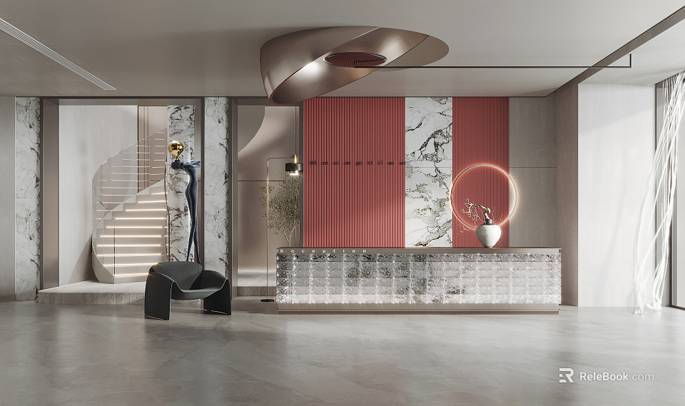 Modern Reception Area With Glass Marble Desk Red Panel Circular Decor And Sculpture 3d model 