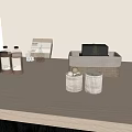 Storage Baskets on Countertop with Green Bottles Jars Boxes White Wall and Blinds