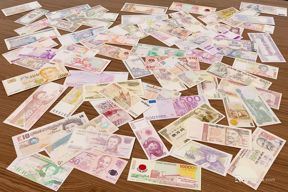 Decorative Ornament Set With Various Currency Banknotes Scattered On Wooden Tabletop 3d model 
