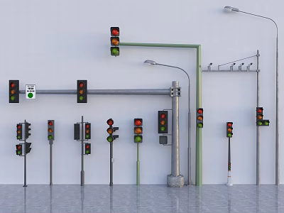 Traffic Lights And Street Lights On Metal Poles Against White Background With Gray Ground 3d model