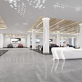 Modern Car Showroom Interior Featuring Multiple Cars White Columns And Large Screen