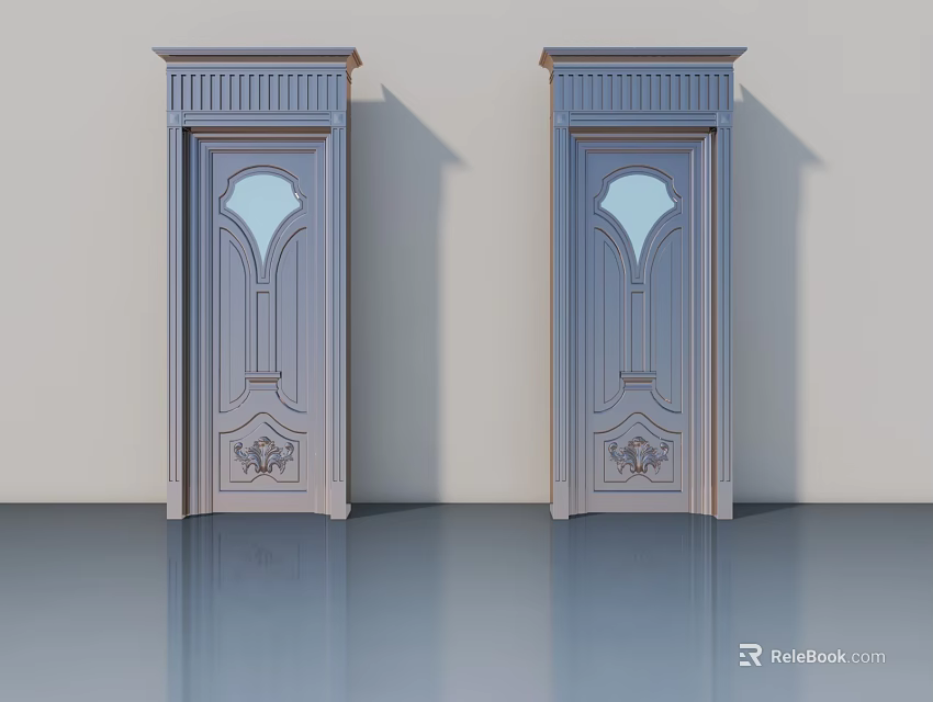 Two Elegant Swing Doors with Arched Glass Panels and Carved Light Blue Frames 3d model 