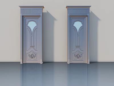 Two Elegant Swing Doors with Arched Glass Panels and Carved Light Blue Frames 3d model
