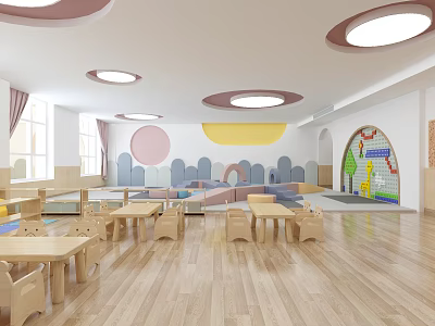 Bright Kindergarten Classroom Interior With Wooden Floors Colorful Wall Art And Round Ceiling Lights 3d model