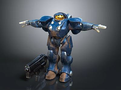 Blue Robot With Yellow Head And Rusted Armor Standing Beside Large Gun 3d model