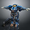 Blue Robot With Yellow Head And Rusted Armor Standing Beside Large Gun