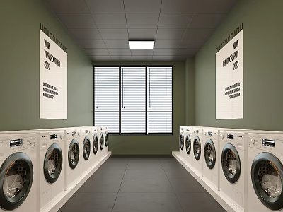 School Laundry Room Featuring Rows Of Washing Machines Large Windows And Wall Posters 3d model