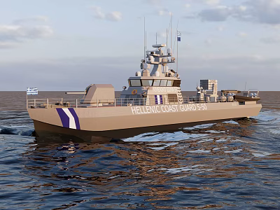 Hellenic Coast Guard Warship Sailing on Open Sea with Blue Stripe Design 3d model