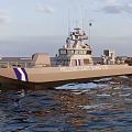 Hellenic Coast Guard Warship Sailing on Open Sea with Blue Stripe Design