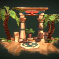 Cartoon Scene of Egyptian Style Arch with Columns Palm Trees and Sand Fountain