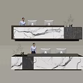 Modern Reception Desk with Marble Countertop Computer Monitors Staff and Green Plants