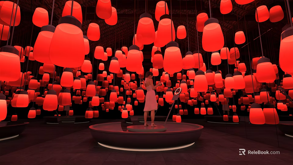 Interactive Area With Hanging Red Lanterns And Central Platform For Immersive Experience 3d model 