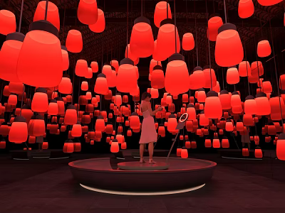 Interactive Area With Hanging Red Lanterns And Central Platform For Immersive Experience 3d model