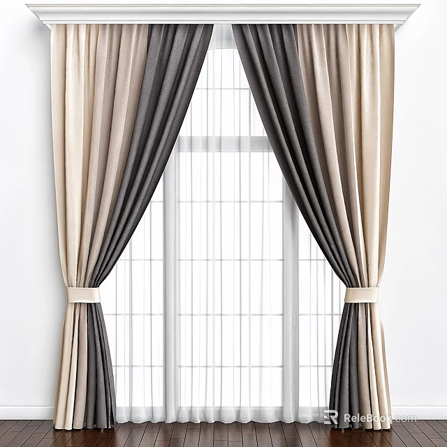 Elegant Modern Beige And Dark Gray Curtains Tied With Bands Against White Window Frame 3d model 
