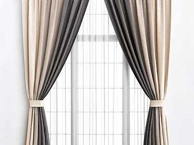 Elegant Modern Beige And Dark Gray Curtains Tied With Bands Against White Window Frame 3d model