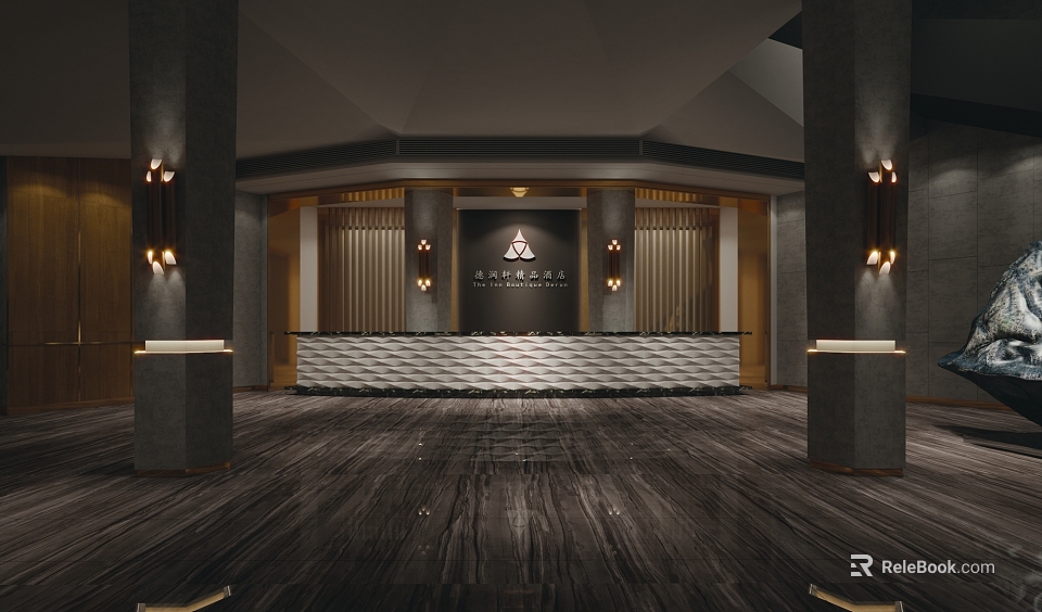 Elegant Modern Hotel Lobby With Reception Desk Wooden Panels Columns And Lighting Fixtures 3d model 