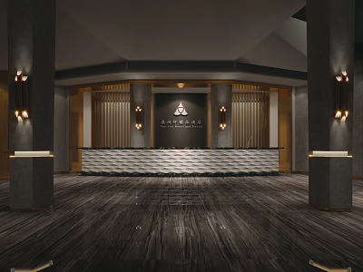 Elegant Modern Hotel Lobby With Reception Desk Wooden Panels Columns And Lighting Fixtures 3d model