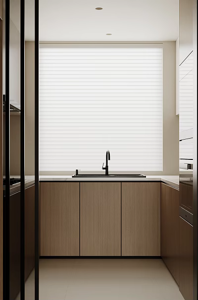 Modern Kitchen Interior With Wooden Cabinets Black Faucet And White Blinds 3d model