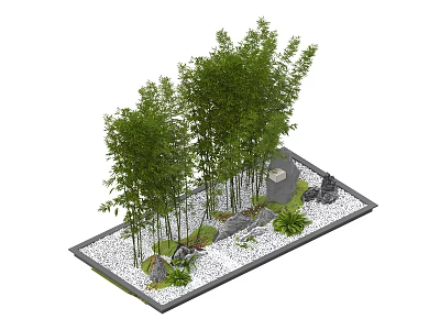 Bamboo Garden Landscape With Tall Green Bamboo Stalks Stone Gravel And Small Plants 3d model