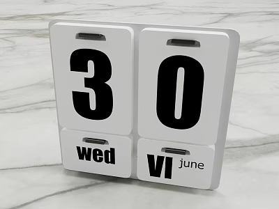 White Block Calendar Showing 30th Wednesday June Date on Marble Surface 3d model