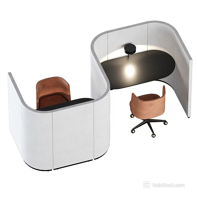 Modern Office Desk In Partitioned Workspace With Black Top Brown Chair And Table Lamp 3d model 