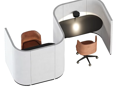 Modern Office Desk In Partitioned Workspace With Black Top Brown Chair And Table Lamp 3d model