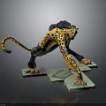 Humanoid Leopard With Yellow Spotted Fur Black Pants Blue Arm Tattoo Crouching On Stone Platform