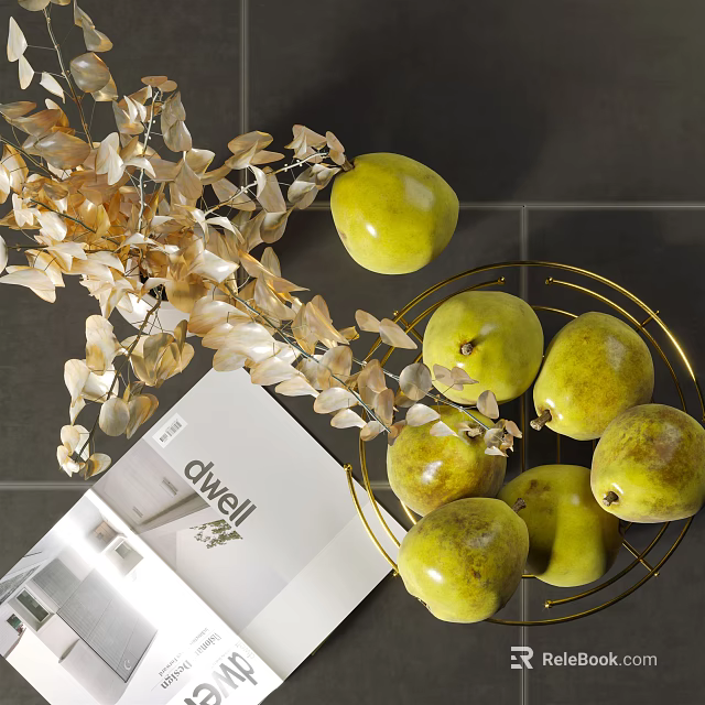 Green Pears in Golden Metal Basket with Dried Golden Leaves and Dwell Magazine on Countertop 3d model 