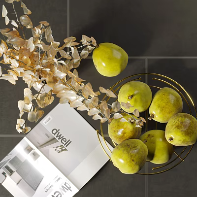Green Pears in Golden Metal Basket with Dried Golden Leaves and Dwell Magazine on Countertop 3d model