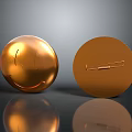 Golden Shiny Sphere And Circular Plate With Groove On Reflective Surface