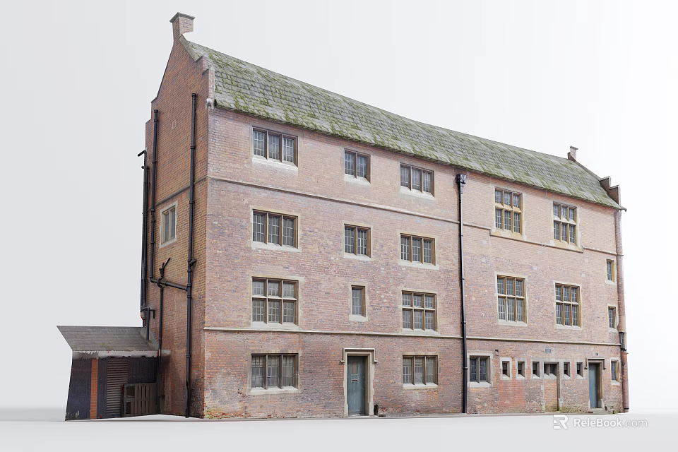 Traditional Red Brick Office Building With Grey Roof And Multi Story Windows 3d model 
