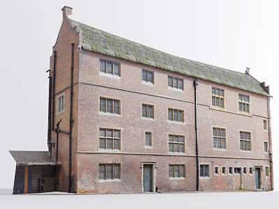 Traditional Red Brick Office Building With Grey Roof And Multi Story Windows 3d model