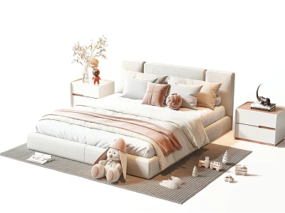 Soft White Kids Bed Interior With Stuffed Toys Soft Pillows And Rug 3d model