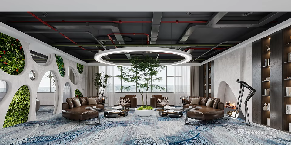 Modern Industrial Hotel Public Lounge With Comfortable Leather Sofas And Lush Indoor Green Plants 3d model 