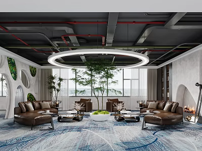 Modern Industrial Hotel Public Lounge With Comfortable Leather Sofas And Lush Indoor Green Plants 3d model