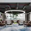 Modern Industrial Hotel Public Lounge With Comfortable Leather Sofas And Lush Indoor Green Plants