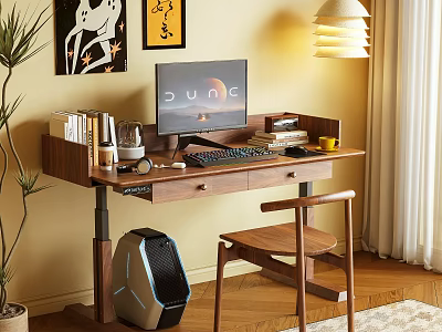 Modern Wooden Desk Setup With Computer Monitor Books Lamp And Chair 3d model