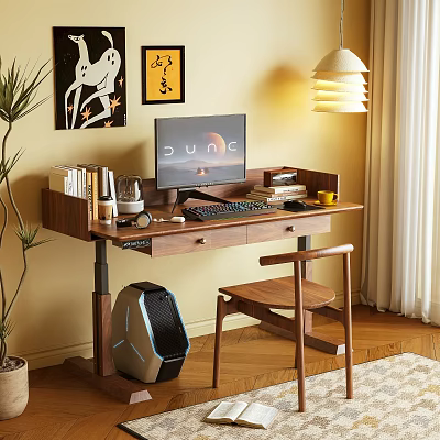 Modern Wooden Desk Setup With Computer Monitor Books Lamp And Chair 3d model