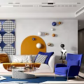 Modern Living Room Interior With White Sofa Blue Chair Geometric Wall Decor And Area Rug