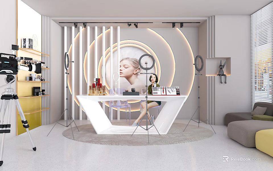 Modern Beauty Product Display Setup With White Table Circular Background Lighting Equipment And Cosmetic Items 3d model 