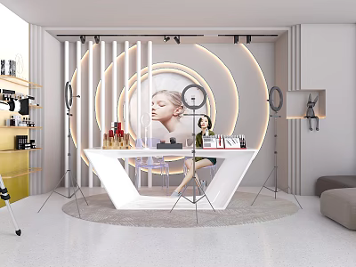 Modern Beauty Product Display Setup With White Table Circular Background Lighting Equipment And Cosmetic Items 3d model