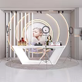 Modern Beauty Product Display Setup With White Table Circular Background Lighting Equipment And Cosmetic Items