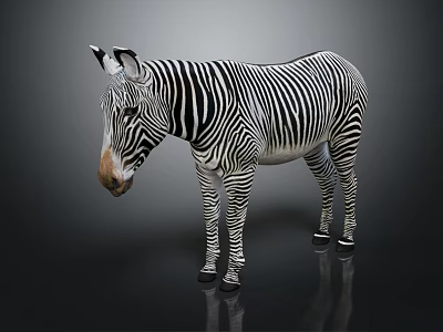 Black And White Striped Zebra Standing With Reflection On Dark Surface 3d model